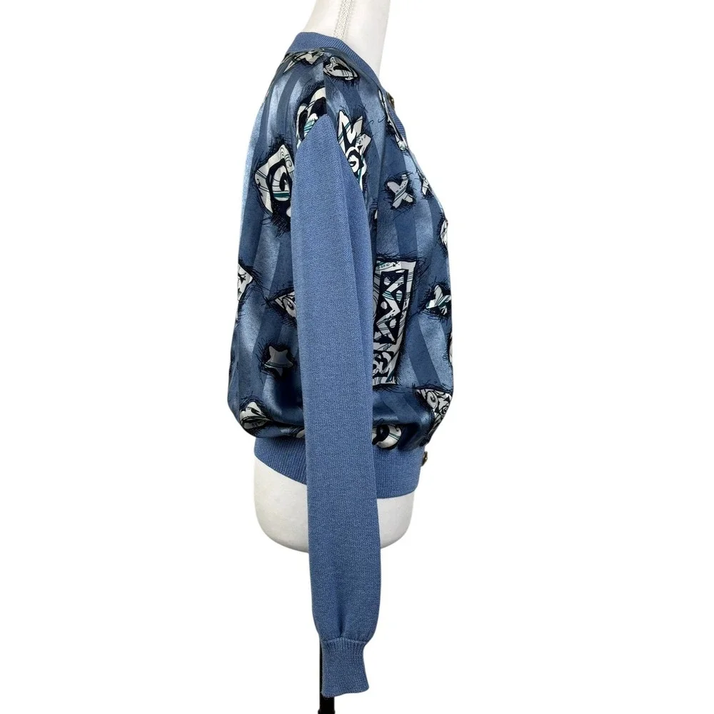 St John Collection Knit Cardigan Womens M Blue Abstract Silk‎ Lining & Scarf VTG